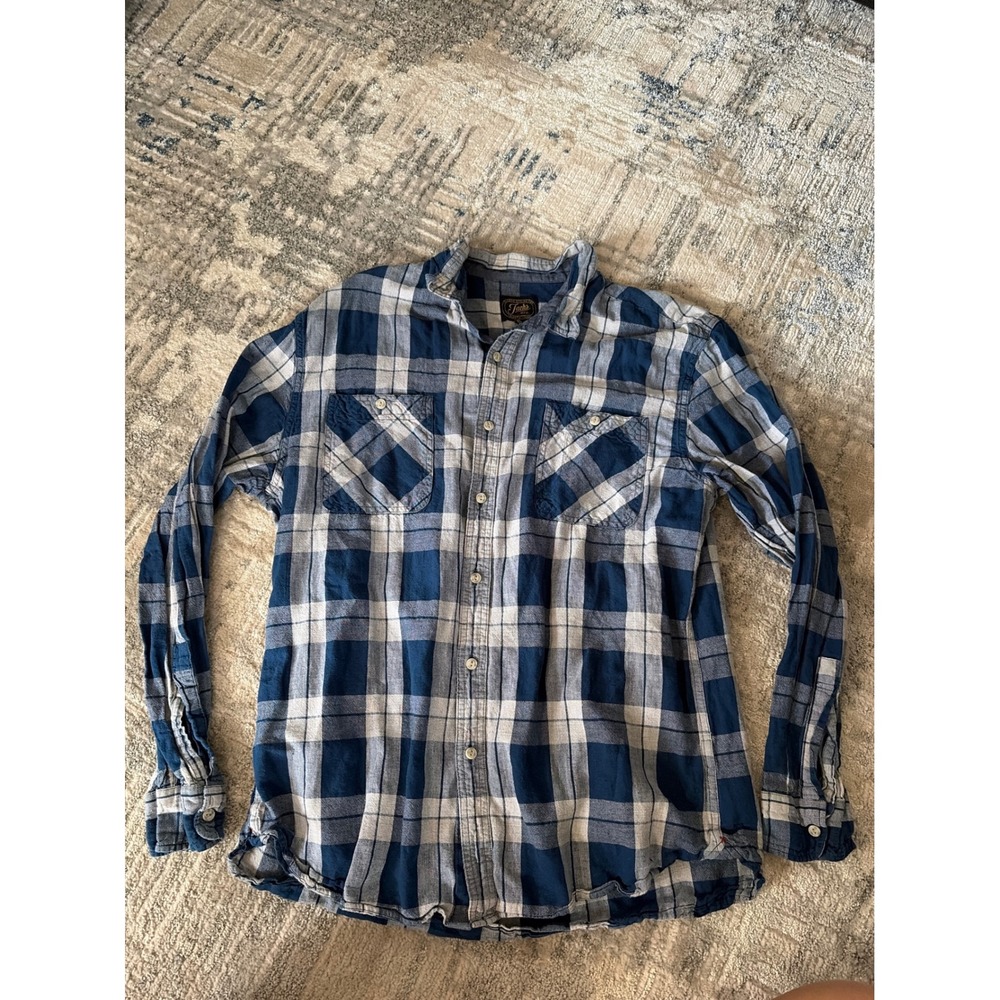 Jachs MFG Mens Blue White Plaid Cotton Linen Button Down Shirt Large L